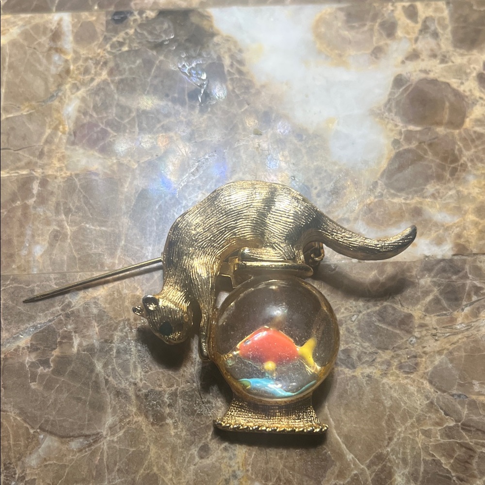 Gold Cat and Fishbowl Brooch